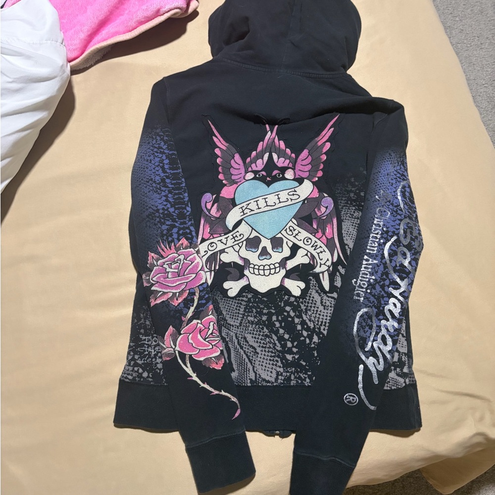 Ed Hardy Black Hoodie with Pink & Blue Skull Heart Graphic